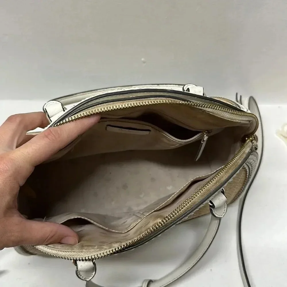 Kate Spade Reiley Dome Satchel Purse Handbag Straw Wicker Leather Trim White